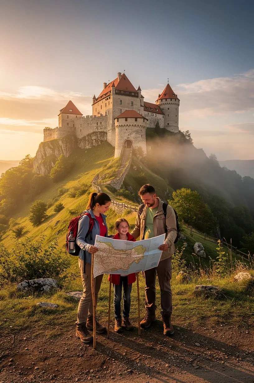 Turistická skupina prechádza okolo mohutných hradieb starobylého hradu za slnečného dňa.